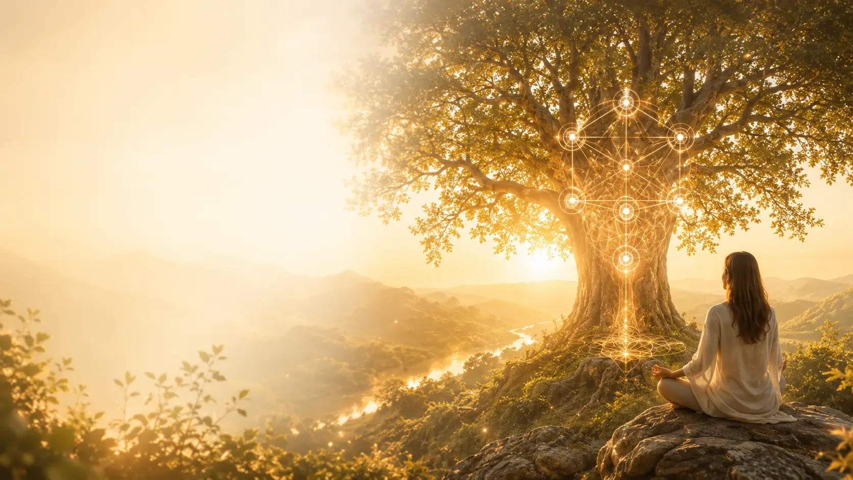 Árbol de la Vida luminoso con una persona en meditación, símbolo del camino de regreso a la presencia