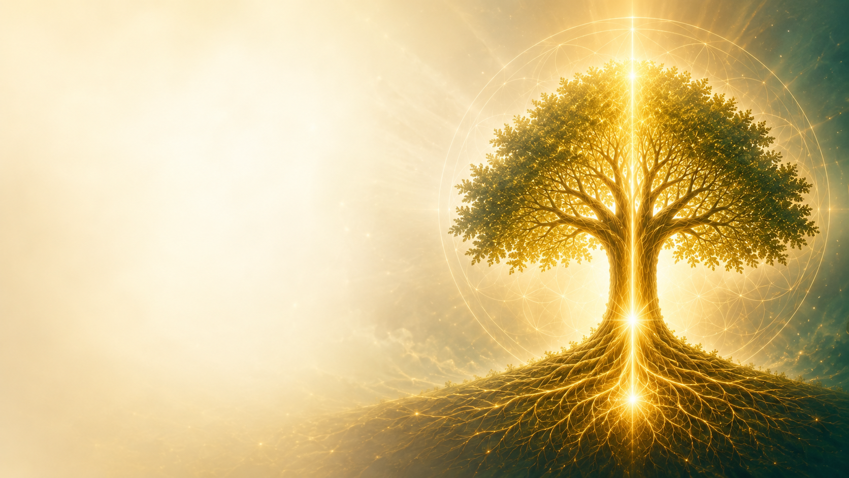 Árbol de la Vida luminoso con raíces doradas, símbolo de presencia, unidad y regreso interior
